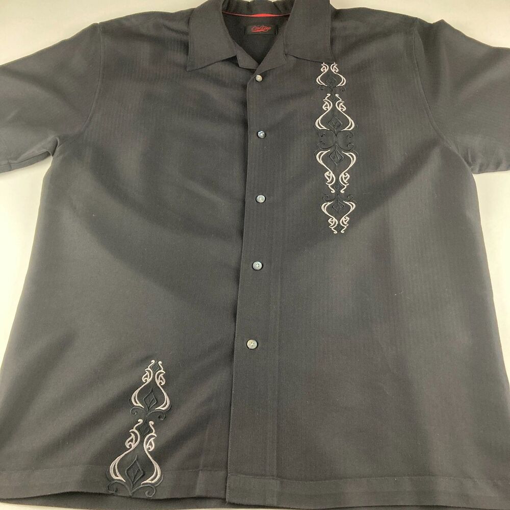 Contigo Shirt Mens M Black Embroidered Camp Cuban Guayabera Rayon Blend Button